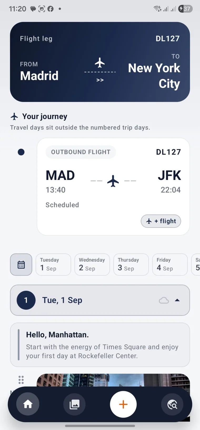 Flight details in a Tripwoa trip timeline