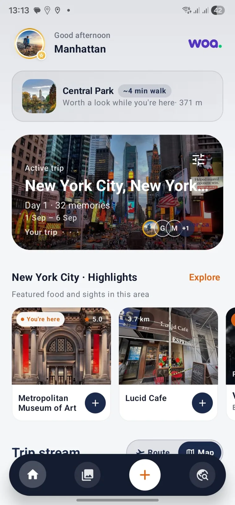 Tripwoa home screen with an active New York City trip