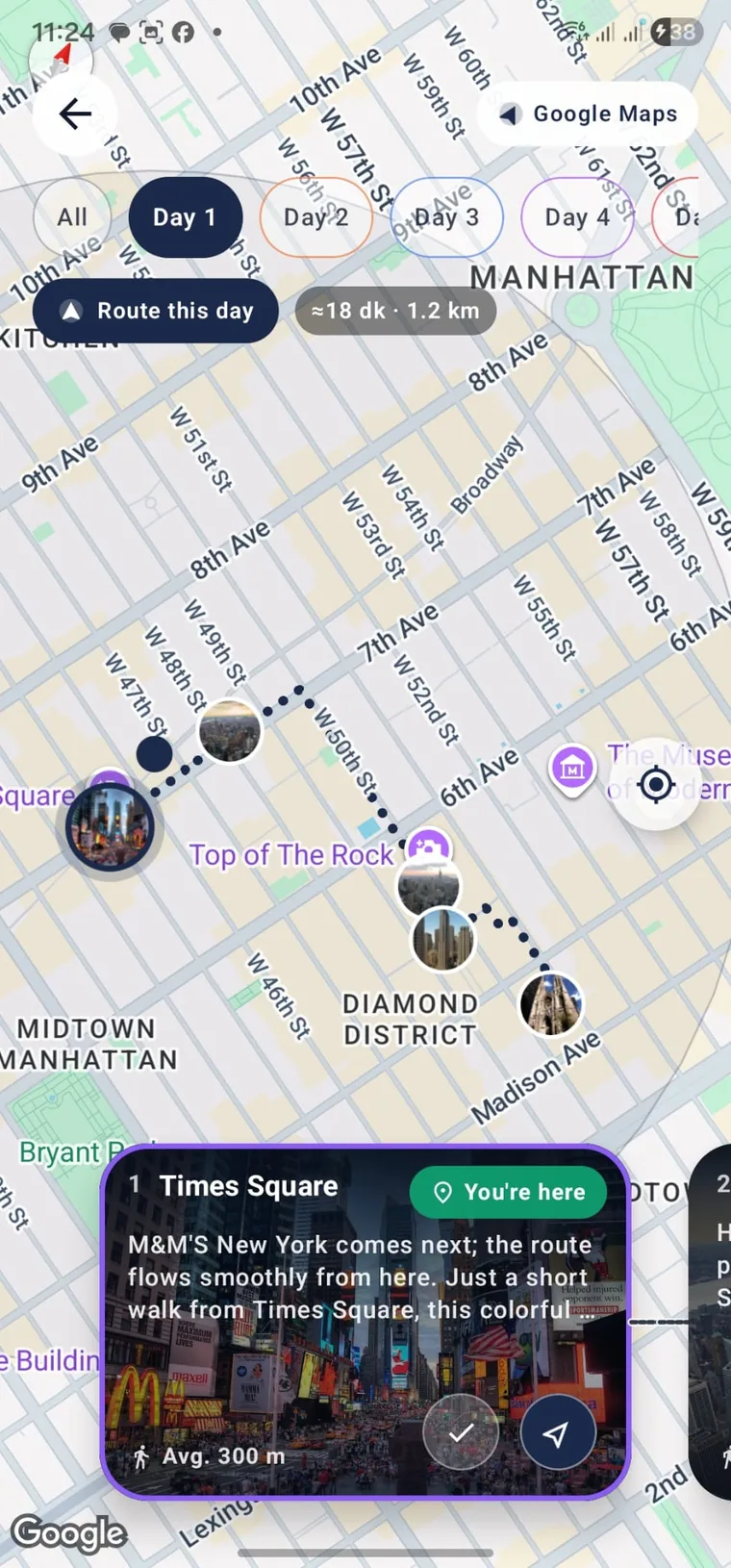 Tripwoa live route map with day filters and walking directions