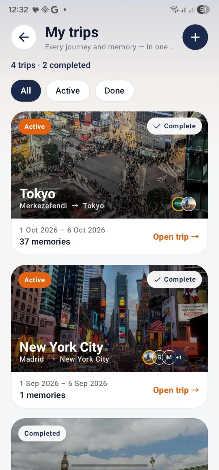 Active and completed trips with saved memories in Tripwoa