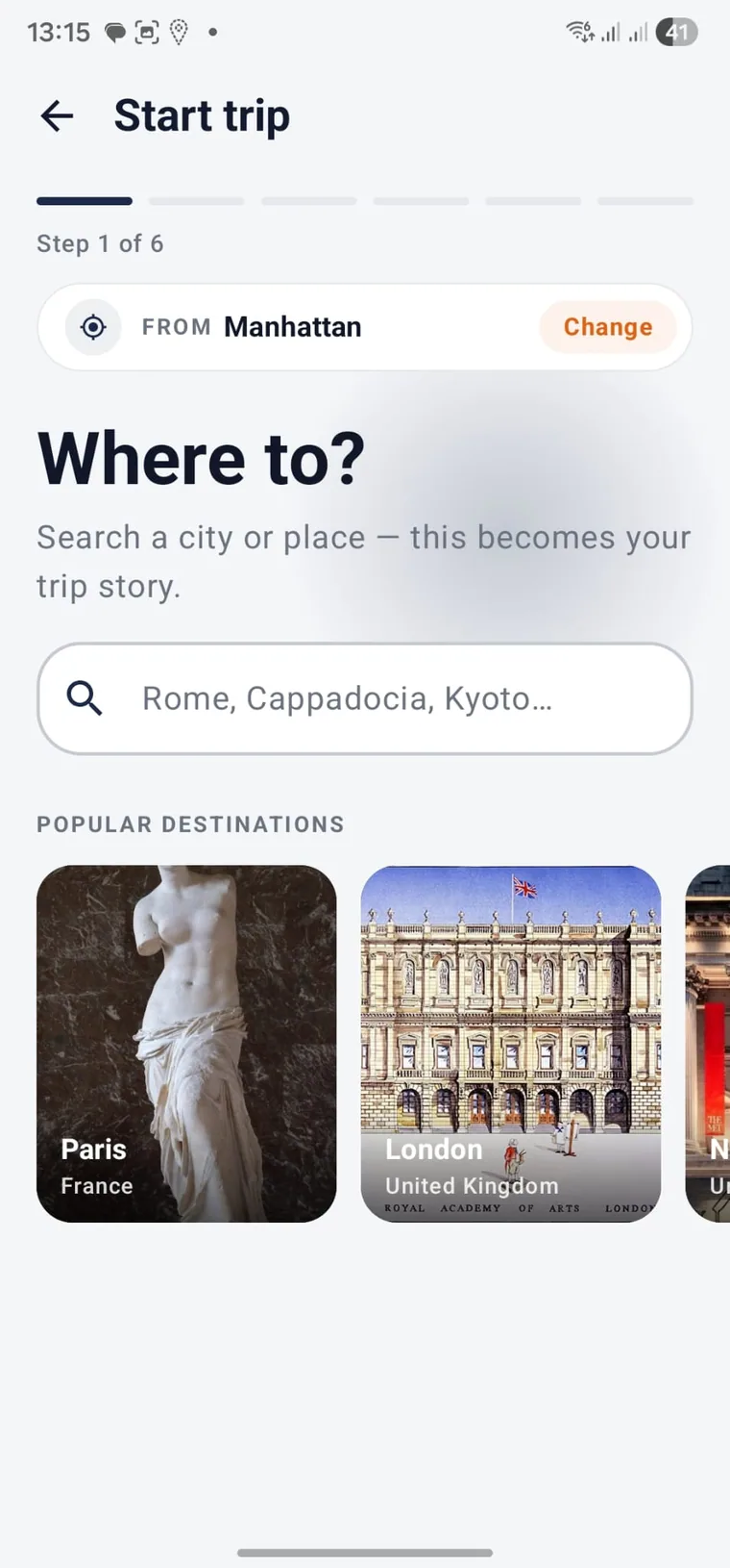 Choosing a destination in the Tripwoa trip planner