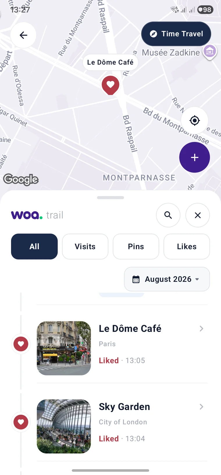 WoaTrail map with liked, pinned and visited places in Paris