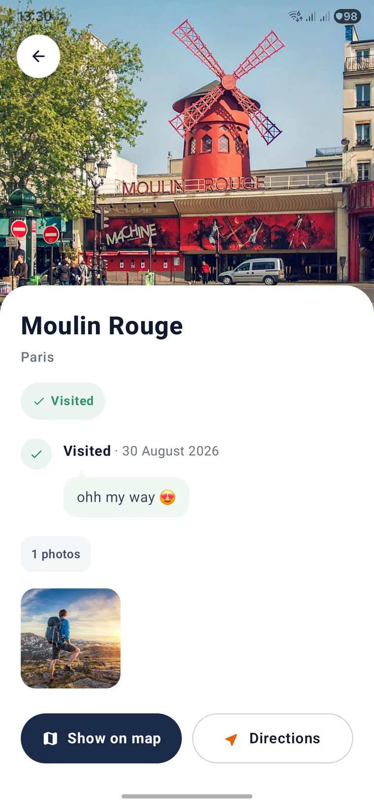 A single WoaTrail place record with a note and photos
