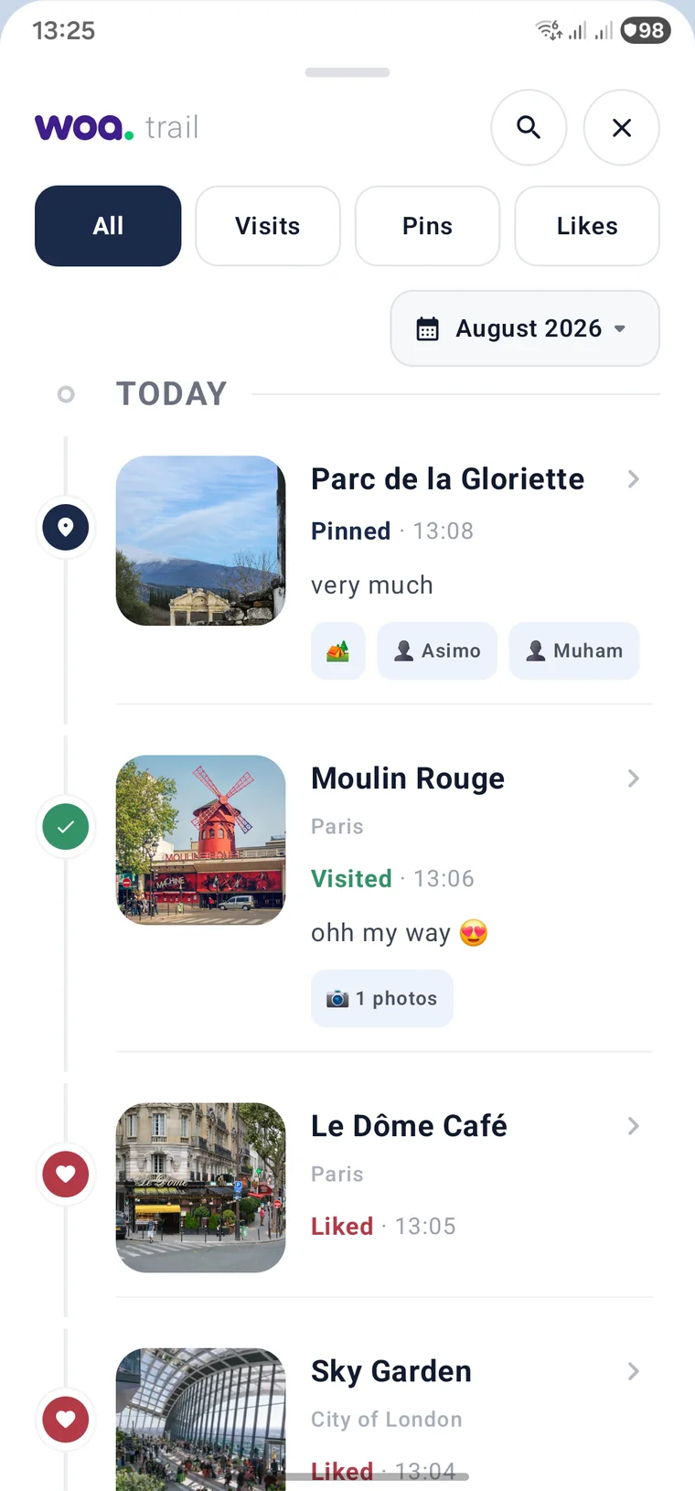 WoaTrail timeline grouped by day