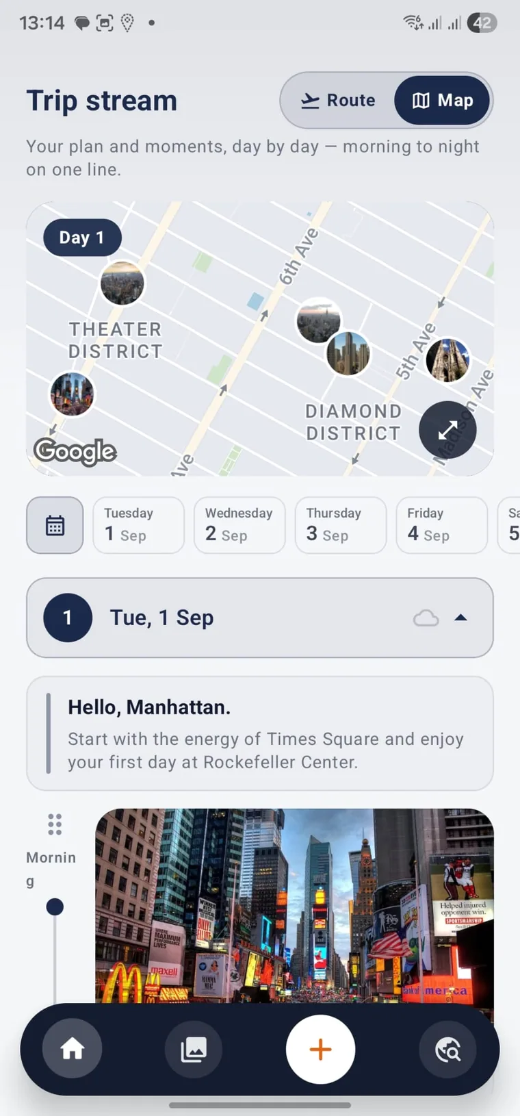 Tripwoa trip stream with daily route map