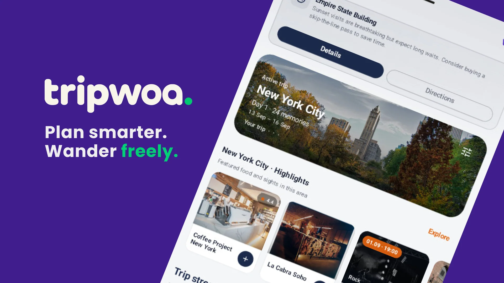 Tripwoa travel planner displaying a New York City trip