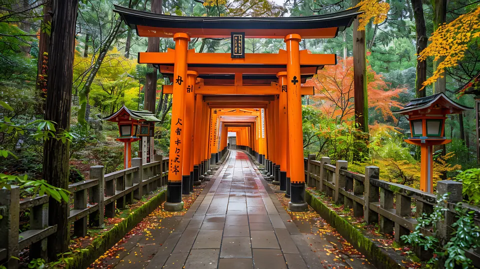 The vermilion torii gate path at Fushimi Inari Taisha in Kyoto after rain